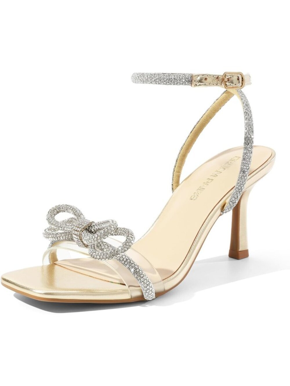 Women's Double Bowknots Light Gold Open Square Toe Ankle Strap Rhinestone Heels